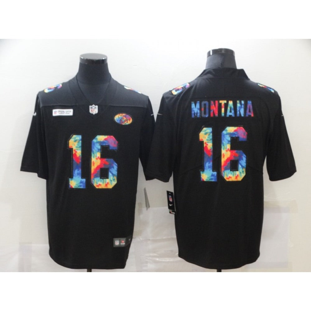 Men's San Francisco 49ers #16 Joe Montana 2020 Black Crucial Catch Limited Stitched Jersey 