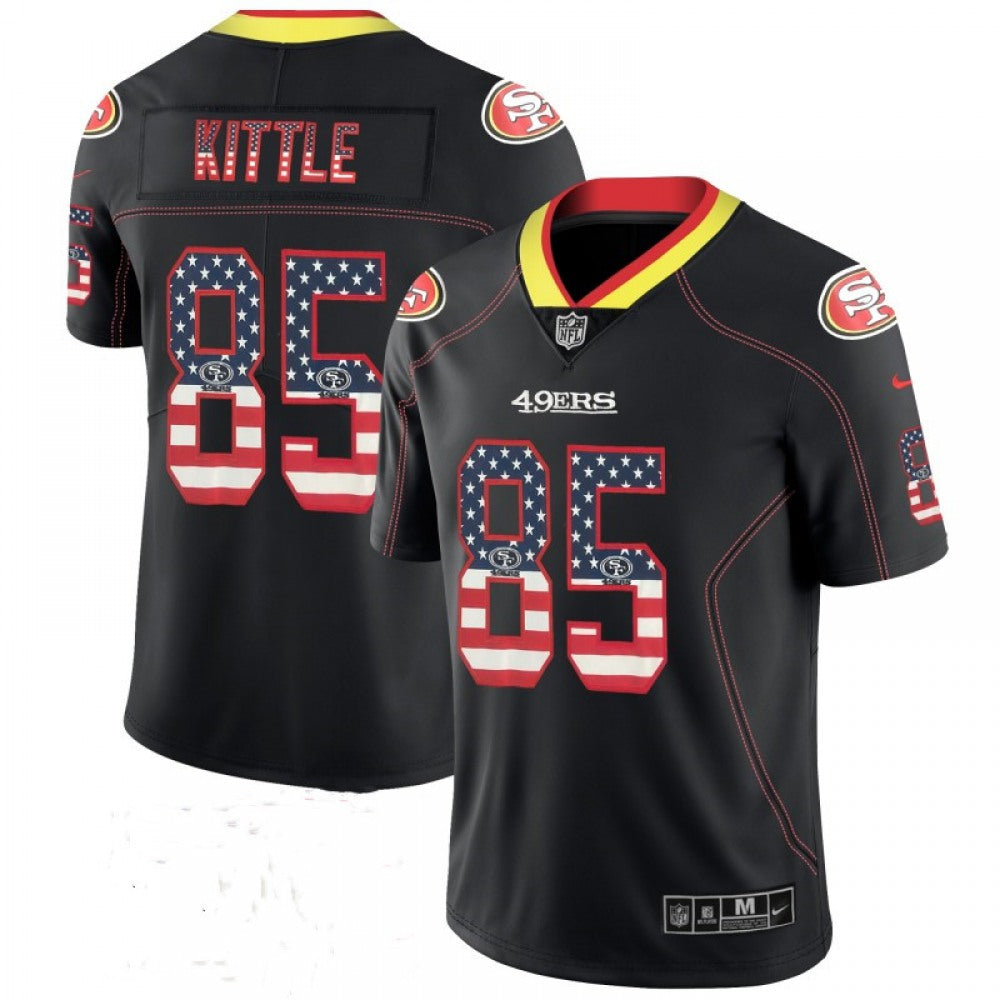 Men's San Francisco 49ers #85 George Kittle Black USA Flag Color Rush Limited Fashion NFL Stitched Jersey 