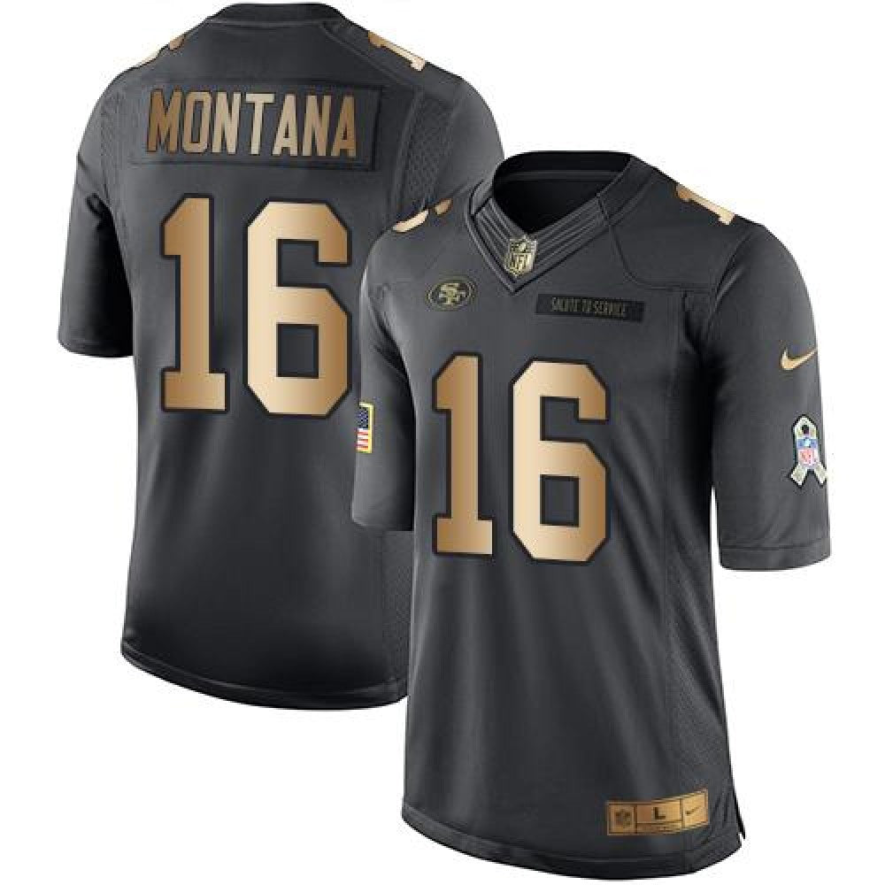 49ers #16 Joe Montana Black Men's Stitched NFL Limited Gold Salute To Service Jersey 