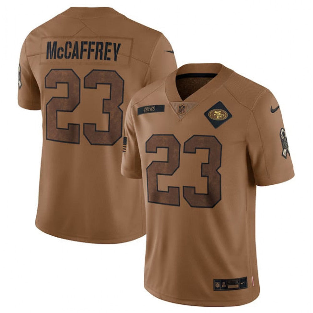 Men's San Francisco 49ers #23 Christian McCaffrey 2023 Brown Salute To Service Limited Stitched Football Jersey 
