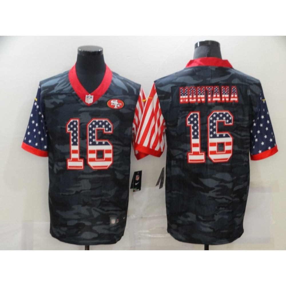 Men's San Francisco 49ers #16 Joe Montana 2020 Camo USA Flag Limited Stitched Jersey 
