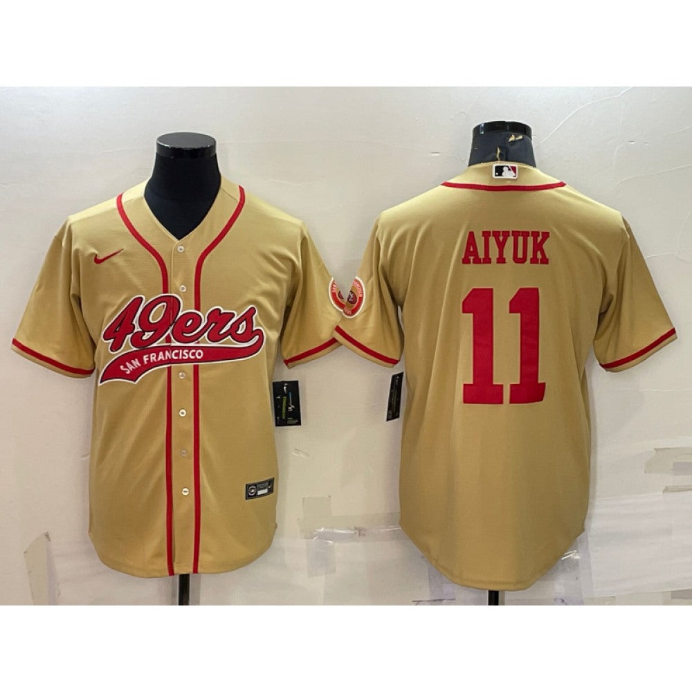 Men's San Francisco 49ers #11 Brandon Aiyuk Gold With Patch Cool Base Stitched Baseball Jersey 