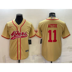 Men's San Francisco 49ers #11 Brandon Aiyuk Gold With Patch Cool Base Stitched Baseball Jersey 