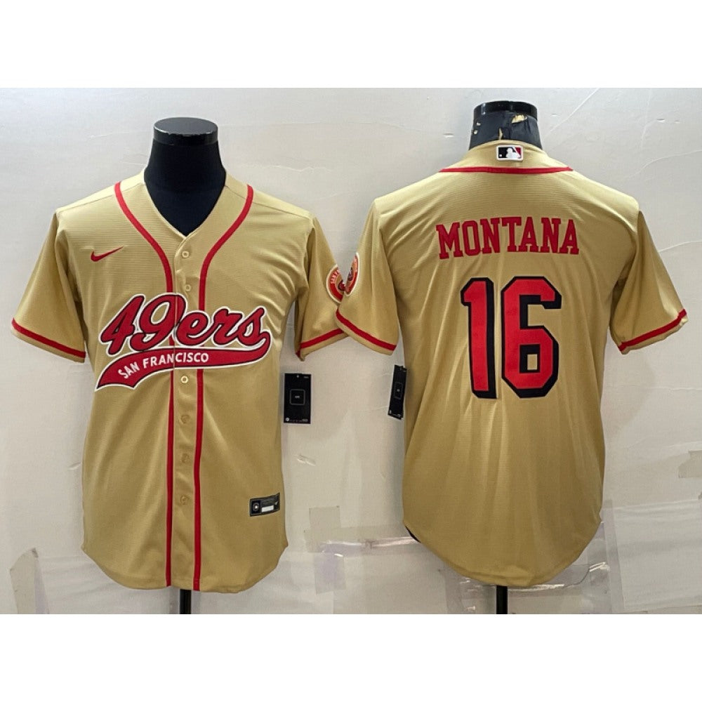 Men's San Francisco 49ers #16 Joe Montana New Gold With Patch Cool Base Stitched Baseball Jersey 
