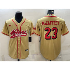 Men's San Francisco 49ers #23 Christian McCaffrey New Gold With Patch Cool Base Stitched Baseball Jersey 