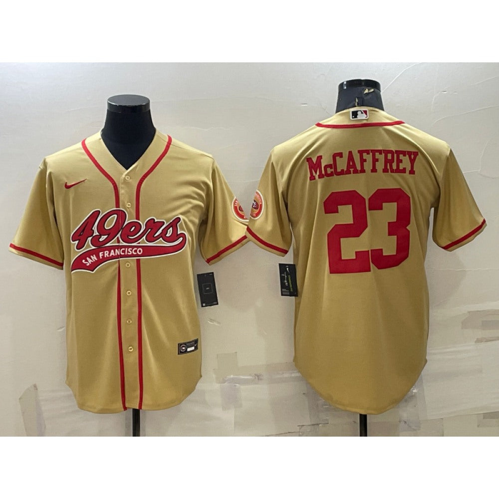 Men's San Francisco 49ers #23 Christian McCaffrey Gold With Patch Cool Base Stitched Baseball Jersey 