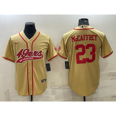 Men's San Francisco 49ers #23 Christian McCaffrey Gold With Patch Cool Base Stitched Baseball Jersey 