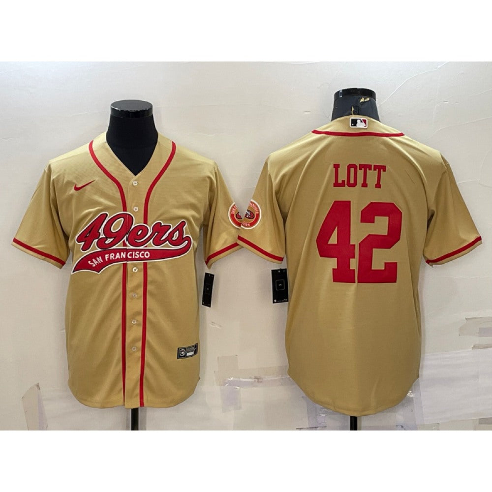 Men's San Francisco 49ers #42 Ronnie Lott Gold With Patch Cool Base Stitched Baseball Jersey 