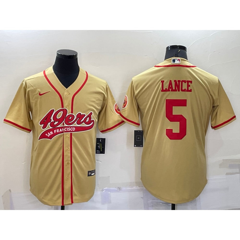 Men's San Francisco 49ers #5 Trey Lance Gold Cool Base Stitched Baseball Jersey 