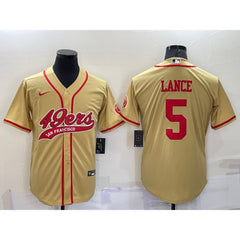Men's San Francisco 49ers #5 Trey Lance Gold Cool Base Stitched Baseball Jersey 