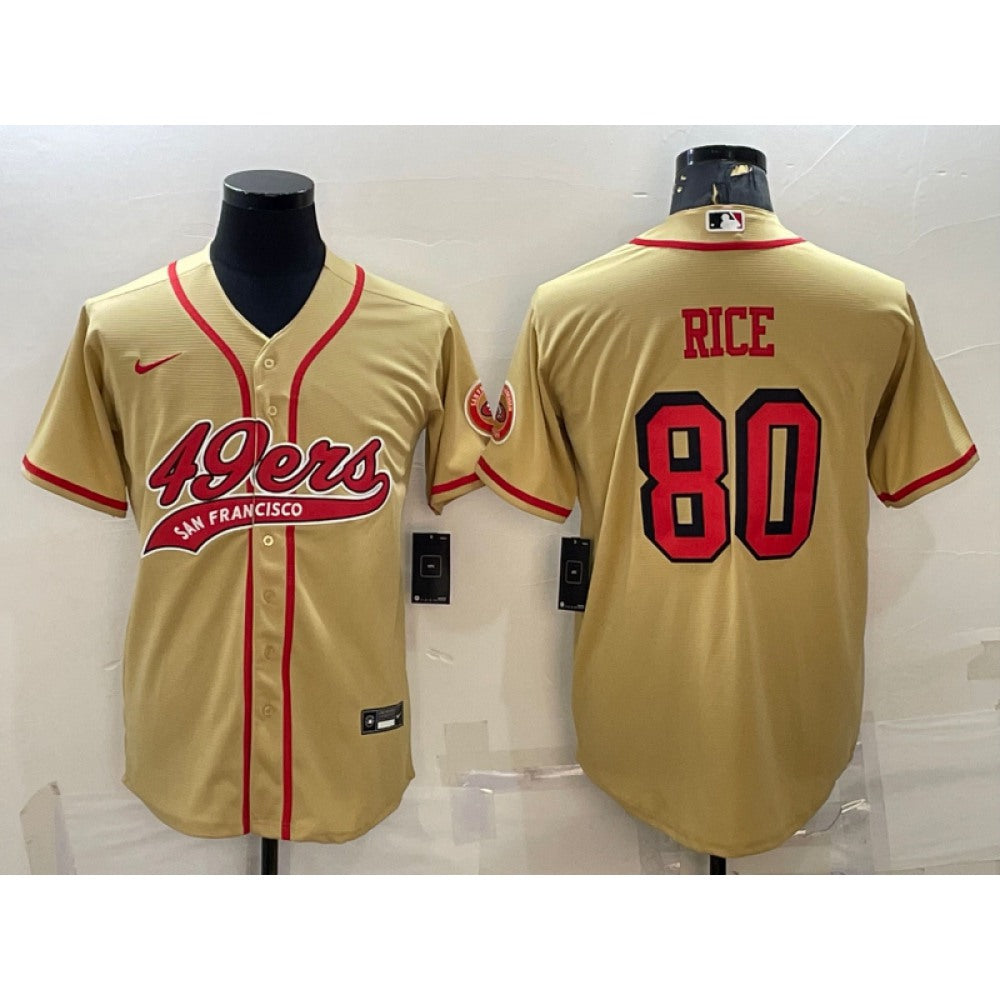 Men's San Francisco 49ers #80 Jerry Rice New Gold With Patch Cool Base Stitched Baseball Jersey 