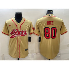 Men's San Francisco 49ers #80 Jerry Rice New Gold With Patch Cool Base Stitched Baseball Jersey 
