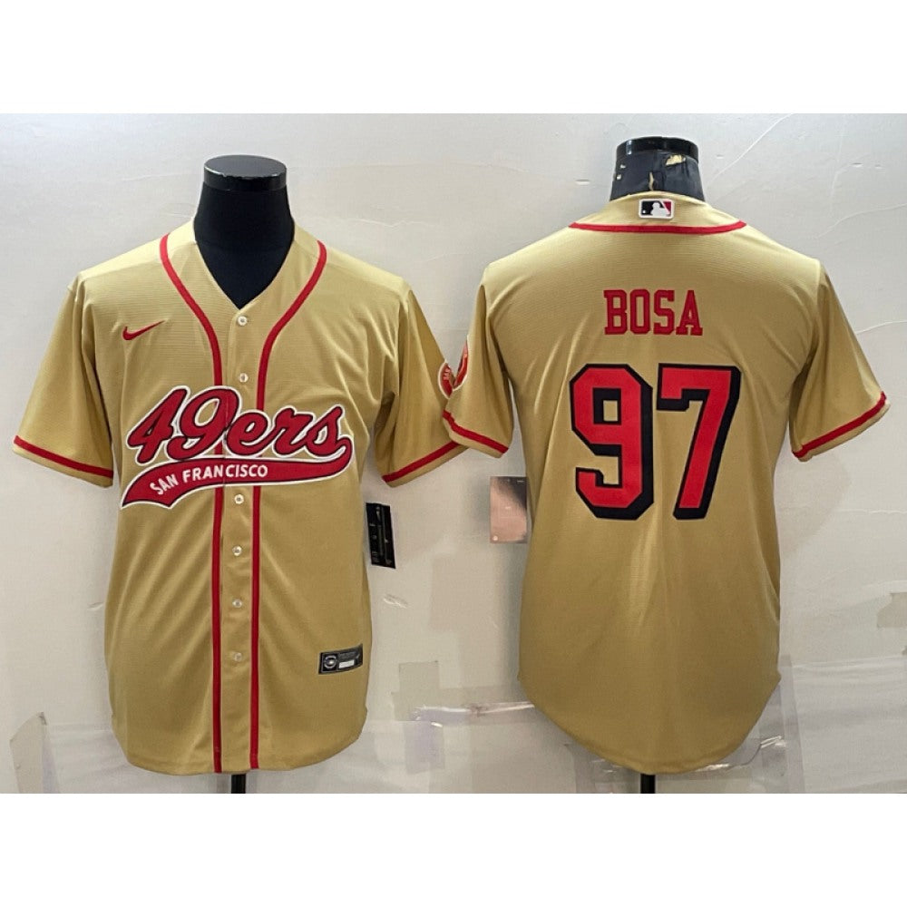 Men's San Francisco 49ers #97 Nick Bosa New Gold With Patch Cool Base Stitched Baseball Jersey 
