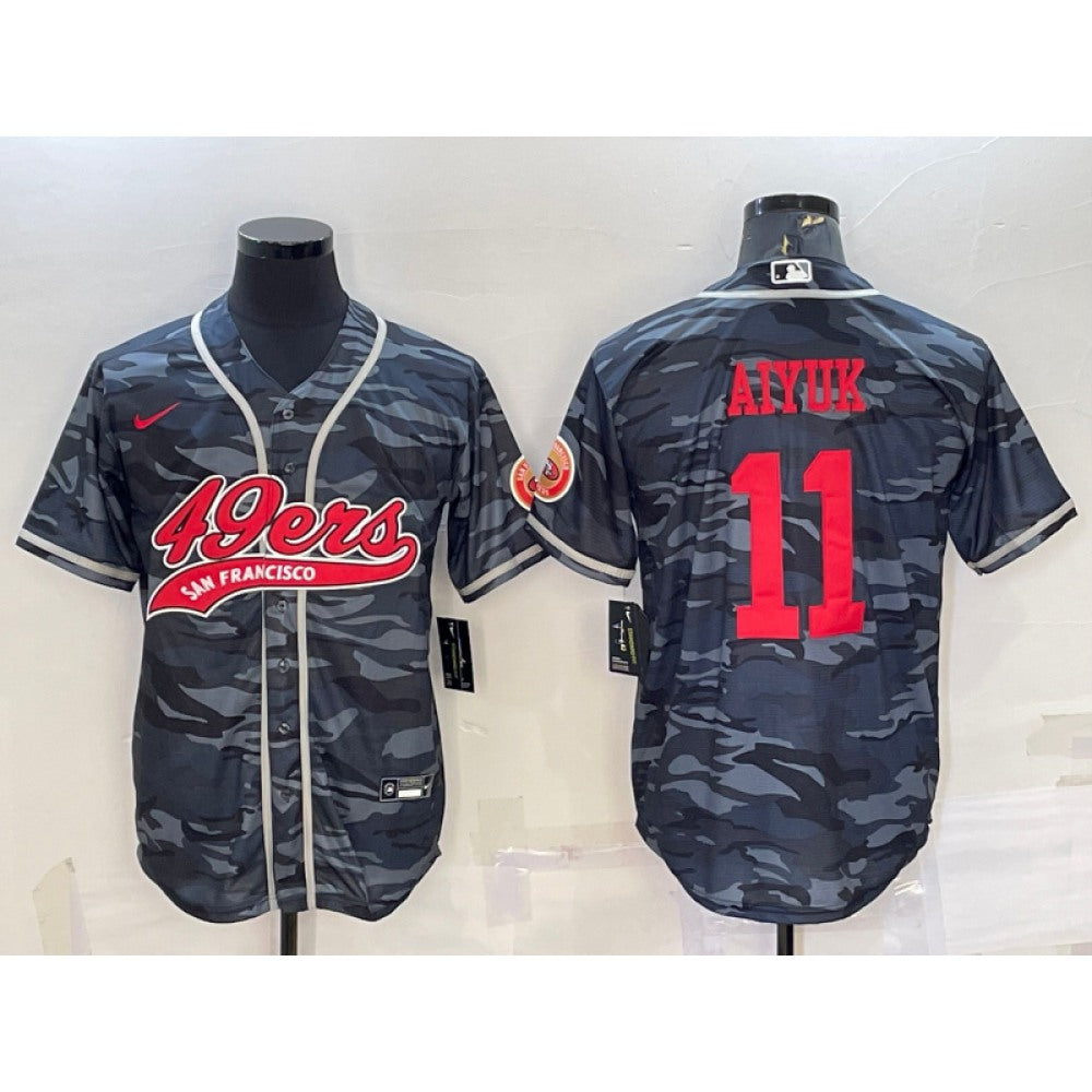 Men's San Francisco 49ers #11 Brandon Aiyuk Grey Red Camo With Patch Cool Base Stitched Baseball Jersey 