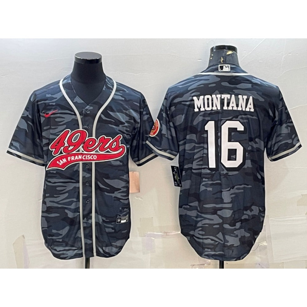 Men's San Francisco 49ers #16 Joe Montana Grey Camo With Patch Cool Base Stitched Baseball Jersey 