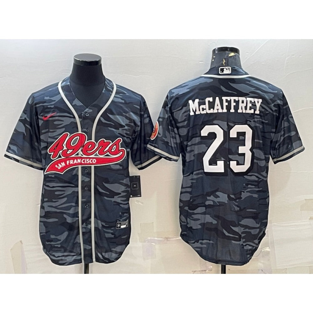 Men's San Francisco 49ers #23 Christian McCaffrey Grey Camo With Patch Cool Base Stitched Baseball Jersey 
