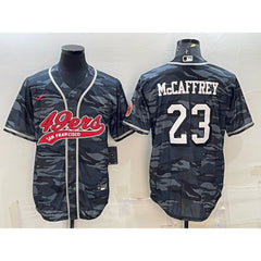 Men's San Francisco 49ers #23 Christian McCaffrey Grey Camo With Patch Cool Base Stitched Baseball Jersey 