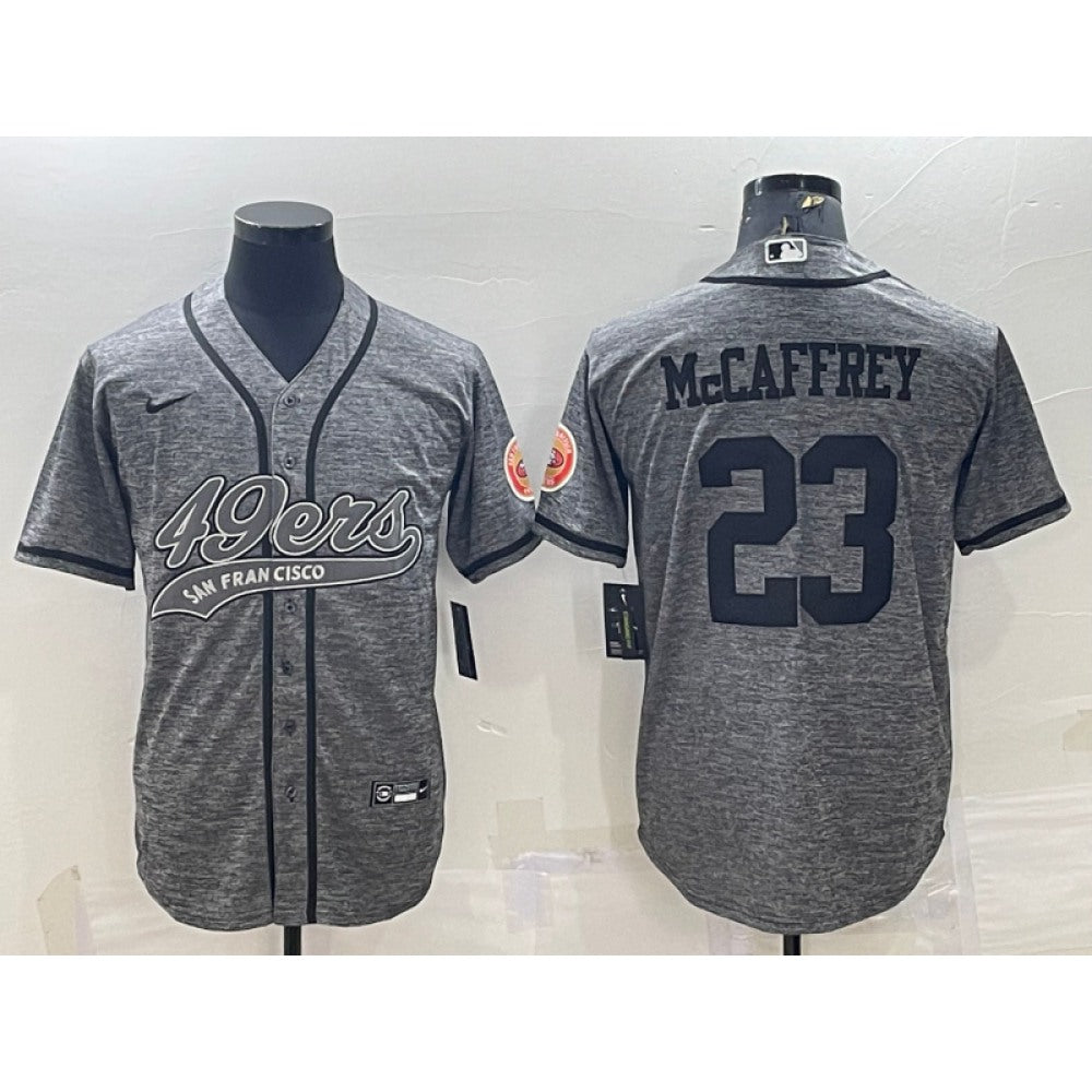 Men's San Francisco 49ers #23 Christian McCaffrey Grey With Patch Cool Base Stitched Baseball Jersey 