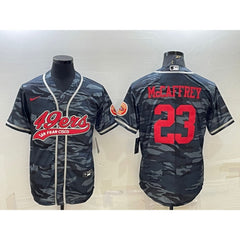 Men's San Francisco 49ers #23 Christian McCaffrey Grey Red Camo With Patch Cool Base Stitched Baseball Jersey 