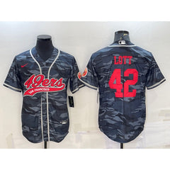 Men's San Francisco 49ers #42 Ronnie Lott Grey Red Camo With Patch Cool Base Stitched Baseball Jersey 