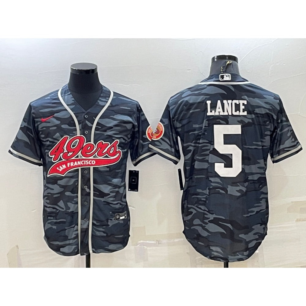 Men's San Francisco 49ers #5 Trey Lance Grey Camo With Patch Cool Base Stitched Baseball Jersey 