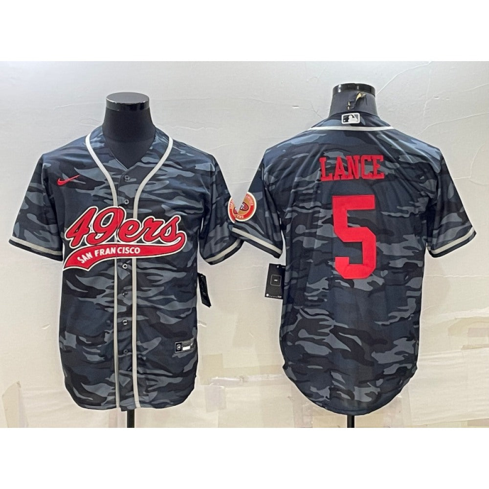 Men's San Francisco 49ers #5 Trey Lance Grey Red Camo With Patch Cool Base Stitched Baseball Jersey 