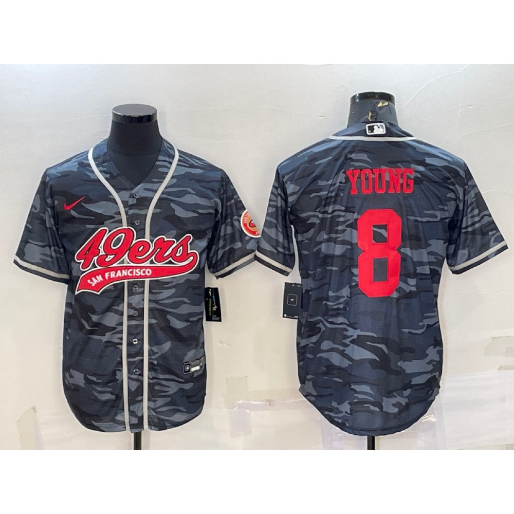 Men's San Francisco 49ers #8 Steve Young Grey Red Camo With Patch Cool Base Stitched Baseball Jersey 