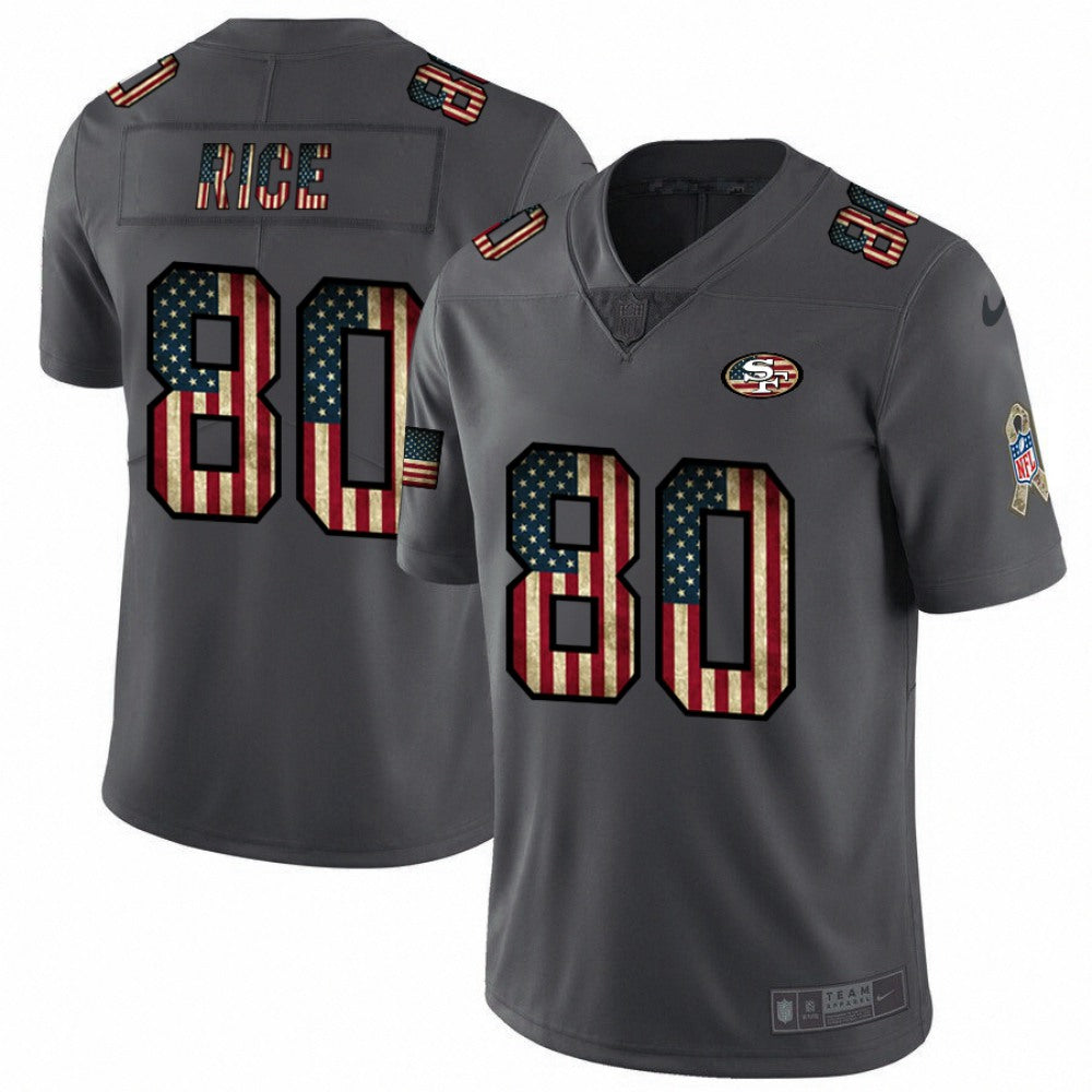 Men's San Francisco 49ers #80 Jerry Rice Grey 2019 Salute To Service USA Flag Fashion Limited Stitched NFL Jersey 