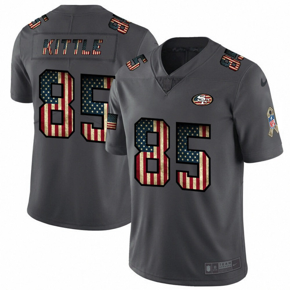 Men's San Francisco 49ers #85 George Kittle Grey 2019 Salute To Service USA Flag Fashion Limited Stitched NFL Jersey 