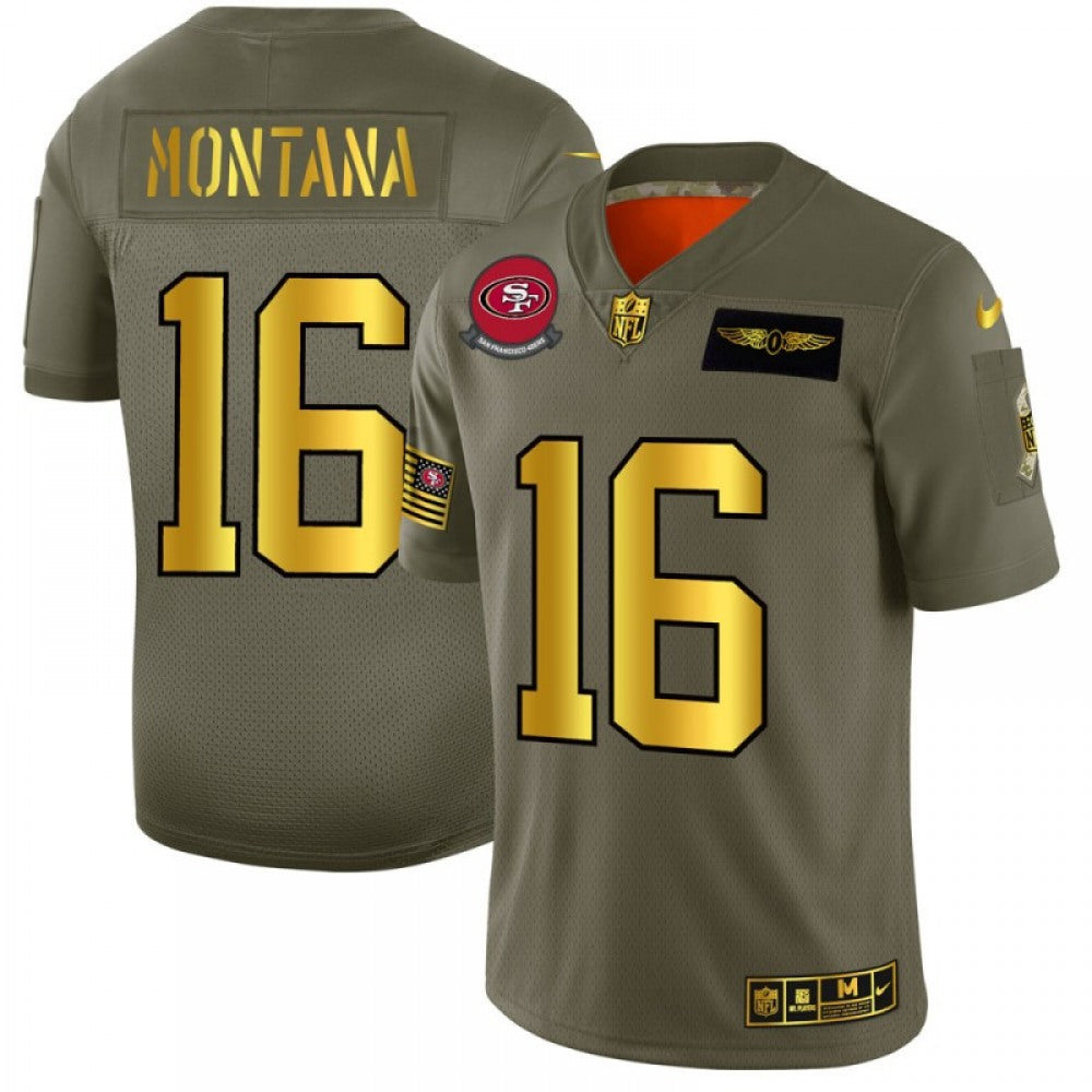 Men's San Francisco 49ers #16 Joe Montana 2019 Olive/Gold Salute To Service Limited Stitched NFL Jersey 