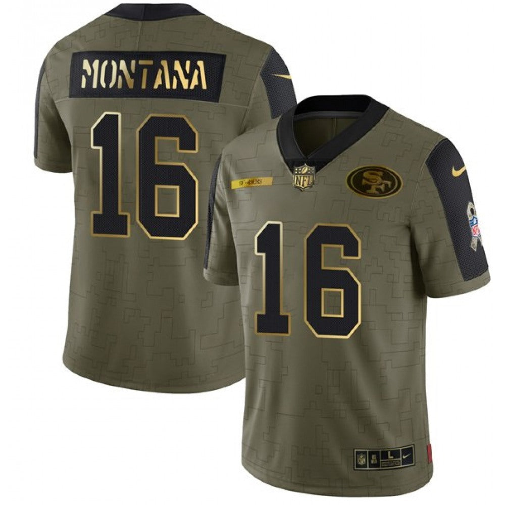 Men's San Francisco 49ers #16 Joe Montana 2021 Olive Salute To Service Golden Limited Stitched Jersey 