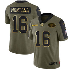 Men's San Francisco 49ers #16 Joe Montana 2021 Olive Salute To Service Golden Limited Stitched Jersey 