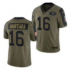 Men's San Francisco 49ers #16 Joe Montana 2021 Olive Salute To Service Limited Stitched Jersey 