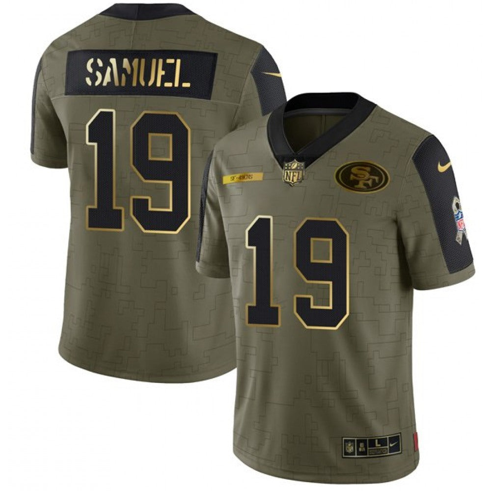 Men's San Francisco 49ers #19 Deebo Samuel 2021 Olive Salute To Service Golden Limited Stitched Jersey 