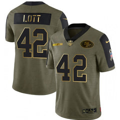Men's San Francisco 49ers #42 Ronnie Lott 2021 Olive Salute To Service Golden Limited Stitched Jersey 