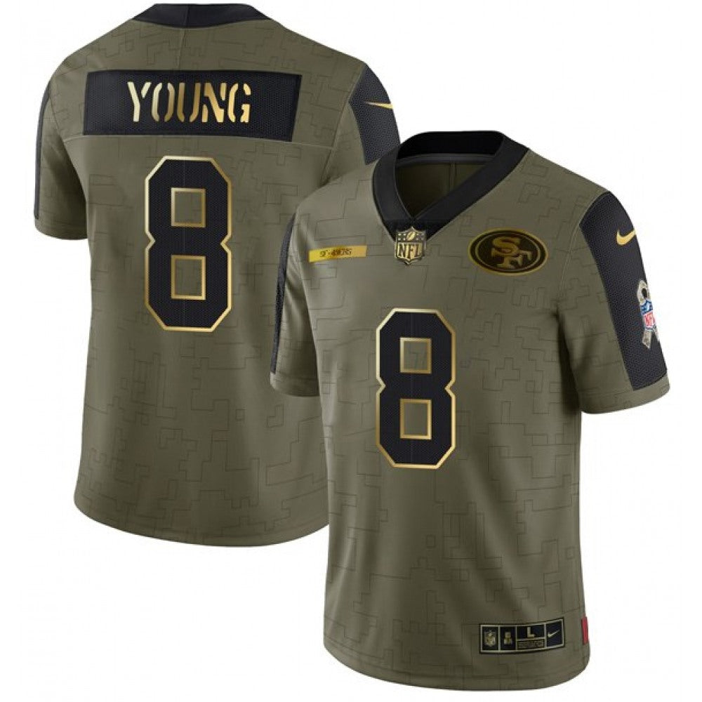 Men's San Francisco 49ers #8 Steve Young 2021 Olive Salute To Service Golden Limited Stitched Jersey 