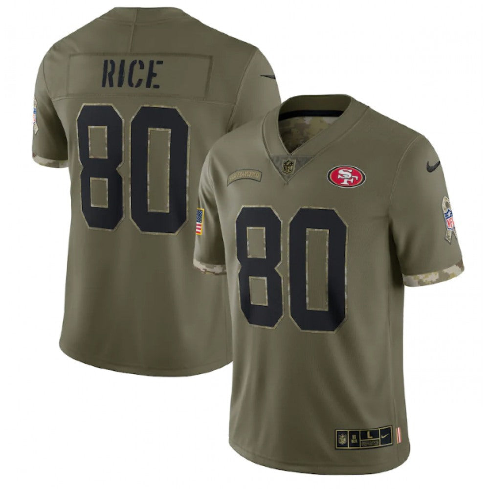 Men's San Francisco 49ers #80 Jerry Rice Olive 2022 Salute To Service Limited Stitched Jersey 
