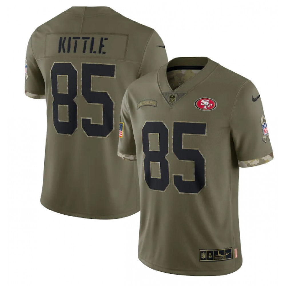 Men's San Francisco 49ers #85 George Kittle Olive 2022 Salute To Service Limited Stitched Jersey 