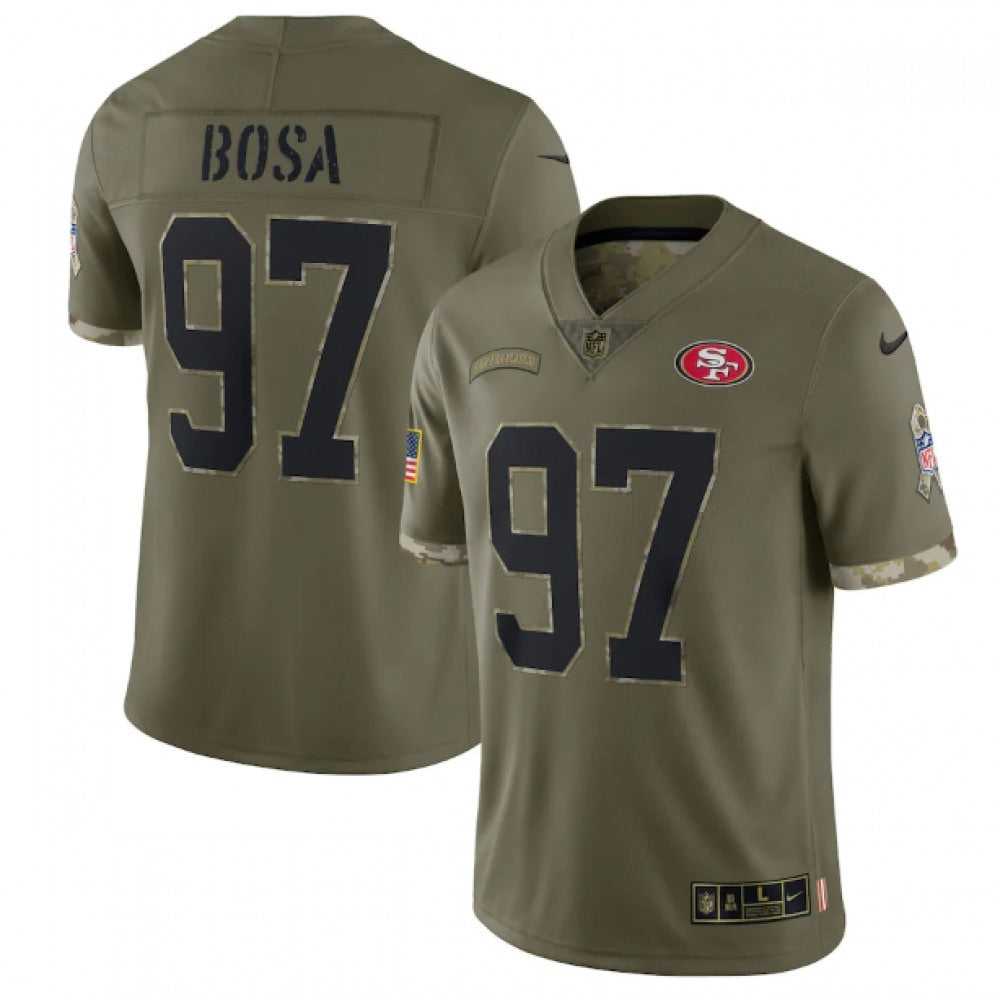 Men's San Francisco 49ers #97 Nick Bosa Olive 2022 Salute To Service Limited Stitched Jersey 