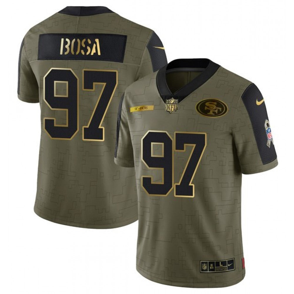 Men's San Francisco 49ers #97 Nick Bosa 2021 Olive Camo Salute To Service Golden Limited Stitched Jersey 