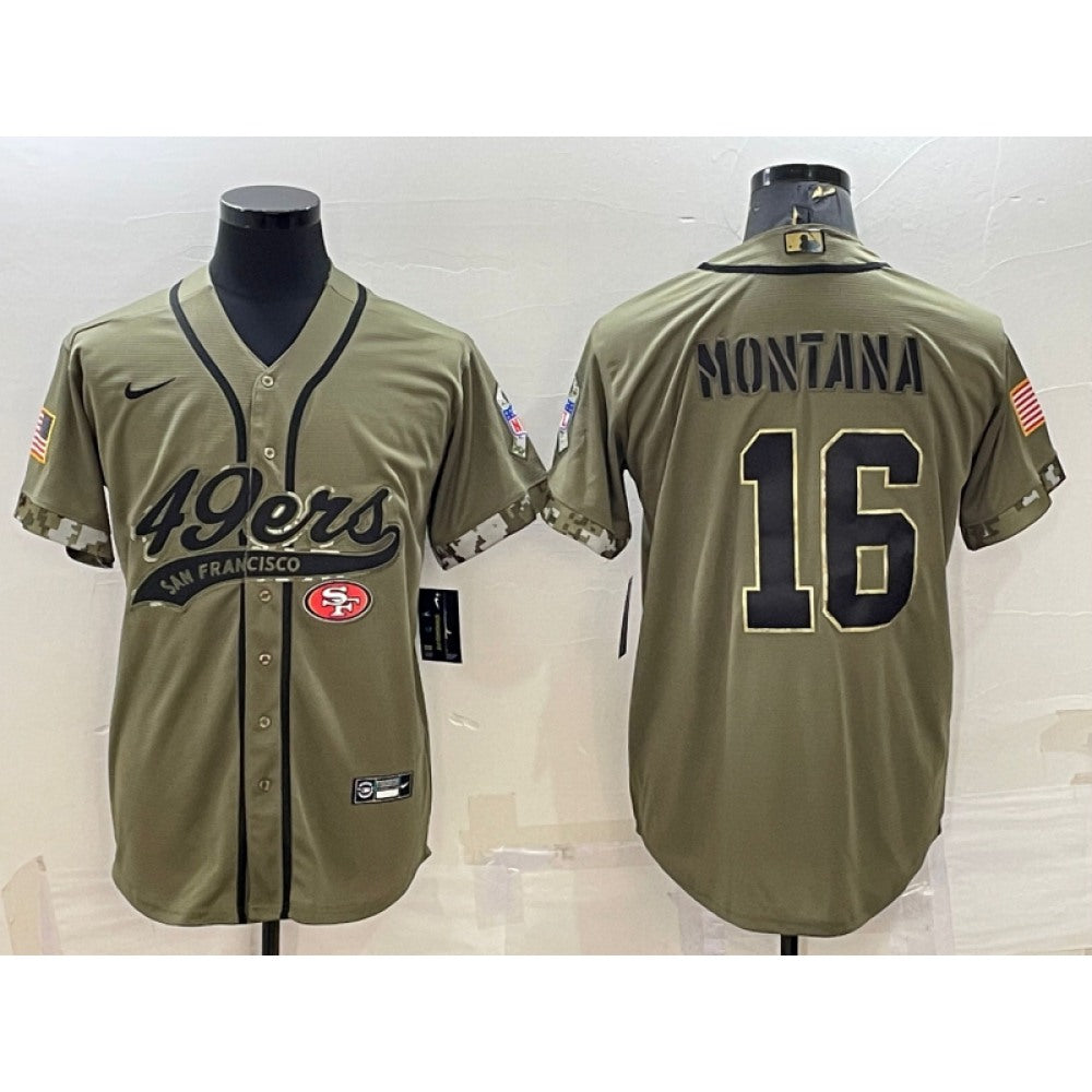 Men's San Francisco 49ers #16 Joe Montana 2022 Olive Salute to Service Cool Base Stitched Baseball Jersey 