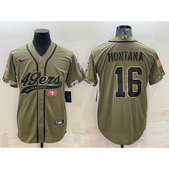 Men's San Francisco 49ers #16 Joe Montana 2022 Olive Salute to Service Cool Base Stitched Baseball Jersey 