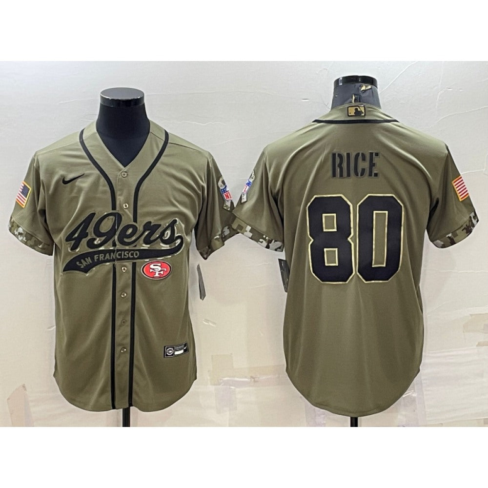 Men's San Francisco 49ers #80 Jerry Rice 2022 Olive Salute to Service Cool Base Stitched Baseball Jersey 