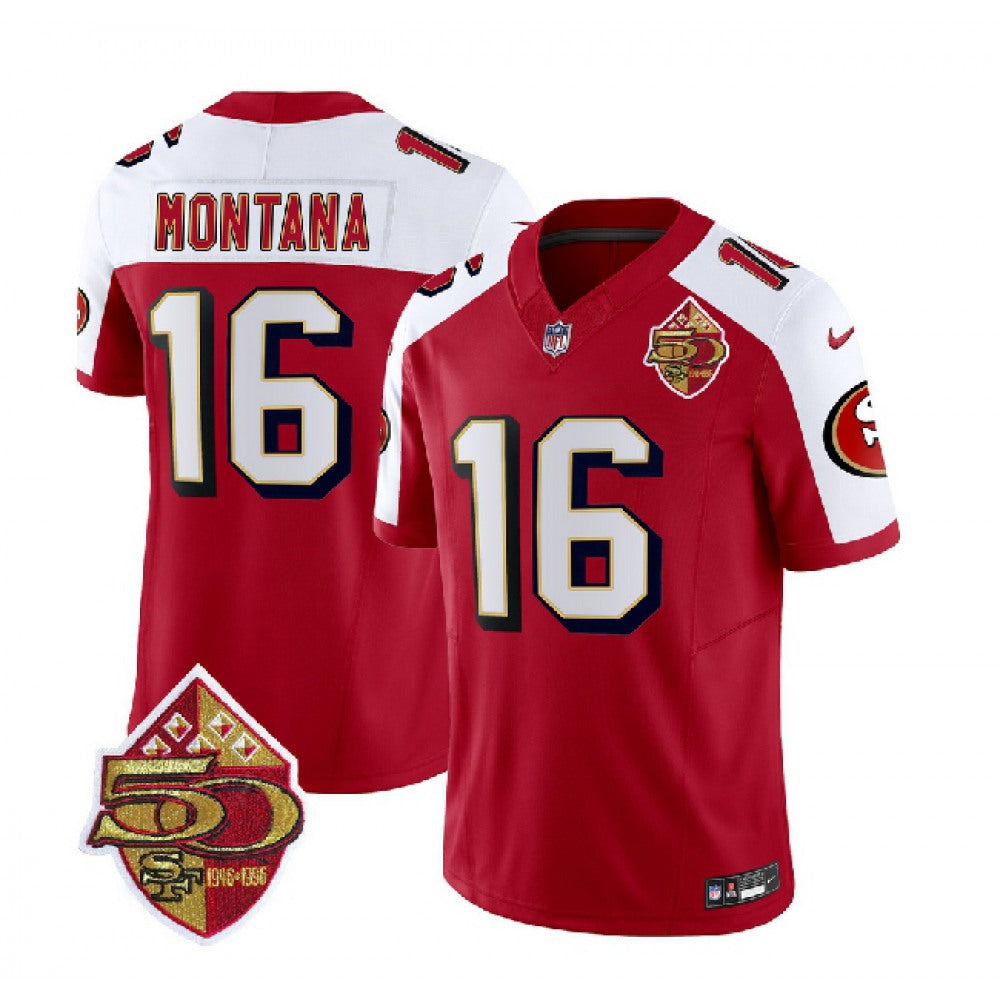 Men's San Francisco 49ers #16 Joe Montana Red/White 2023 F.U.S.E. 50th Patch Throwback Stitched Football Jersey 