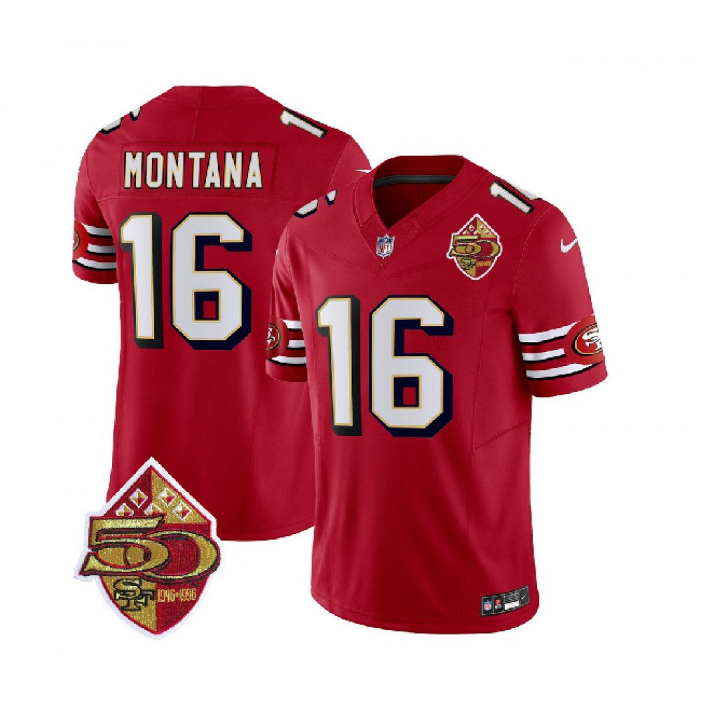 Men's San Francisco 49ers #16 Joe Montana Red 2023 F.U.S.E. 50th Patch Throwback Stitched Football Jersey 
