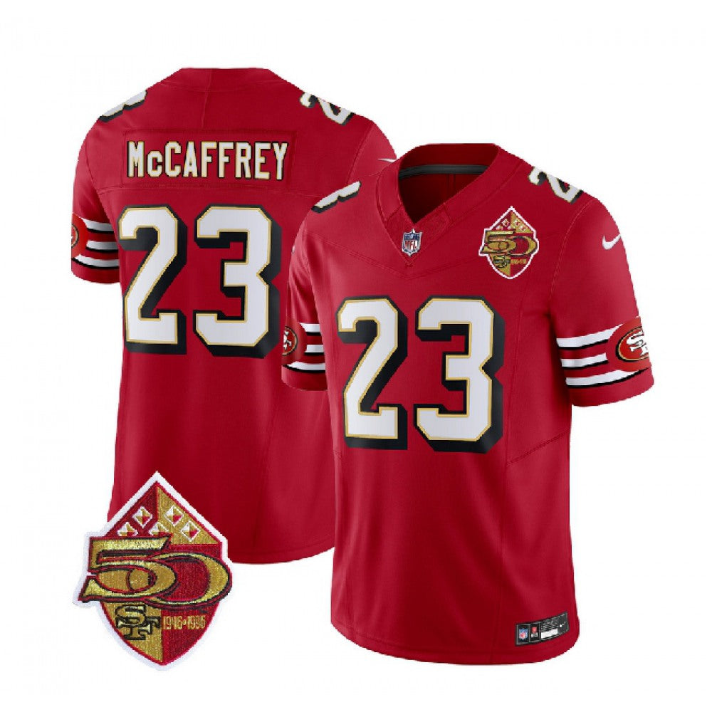 Men's San Francisco 49ers #23 Christian McCaffrey Red 2023 F.U.S.E. 50th Patch Throwback Stitched Football Jersey 