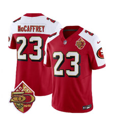 Men's San Francisco 49ers #23 Christian McCaffrey Red/White 2023 F.U.S.E. 50th Patch Throwback Stitched Football Jersey 