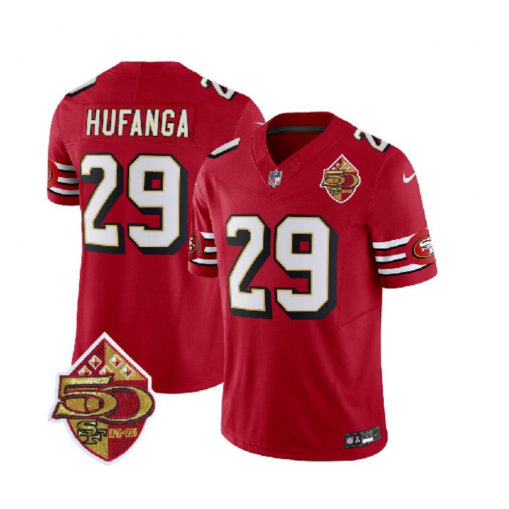 Men's San Francisco 49ers #29 Talanoa Hufanga Red 2023 F.U.S.E. 50th Patch Throwback Stitched Football Jersey 