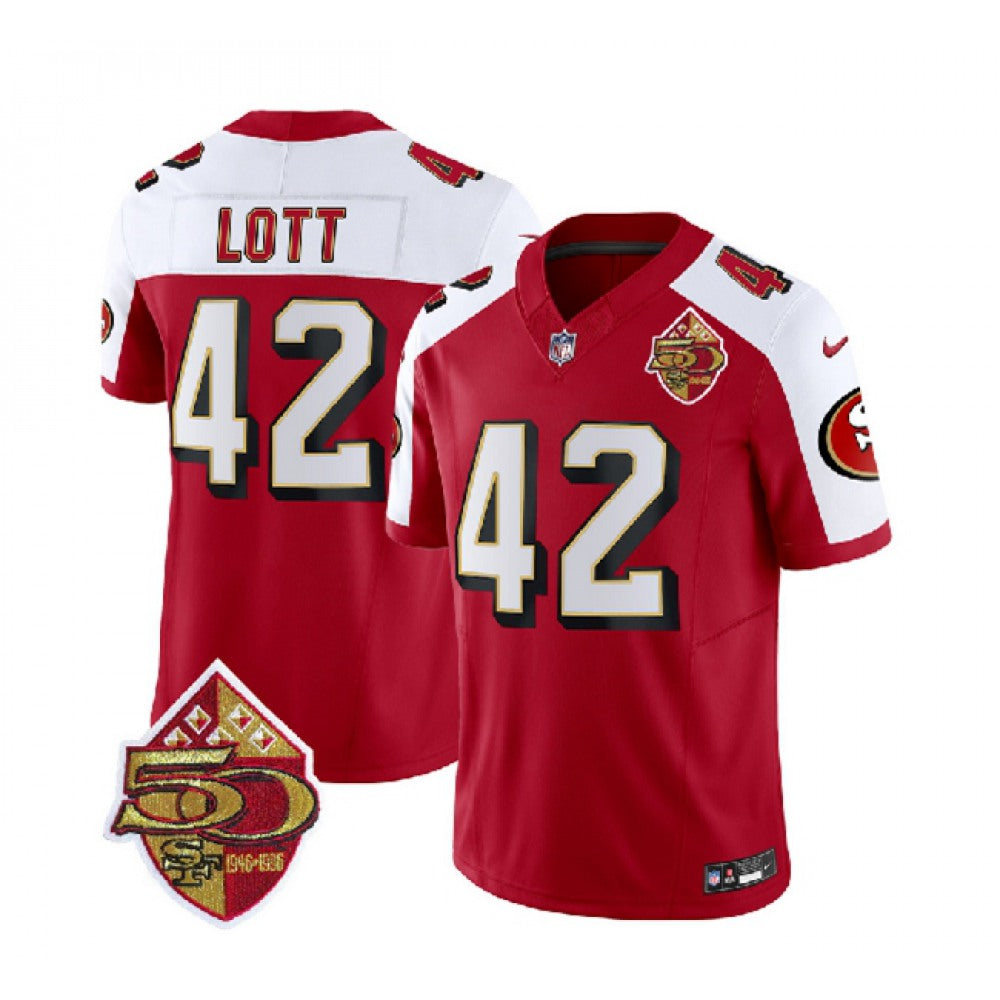 Men's San Francisco 49ers #42 Ronnie Lott Red/White 2023 F.U.S.E. 50th Patch Throwback Stitched Football Jersey 