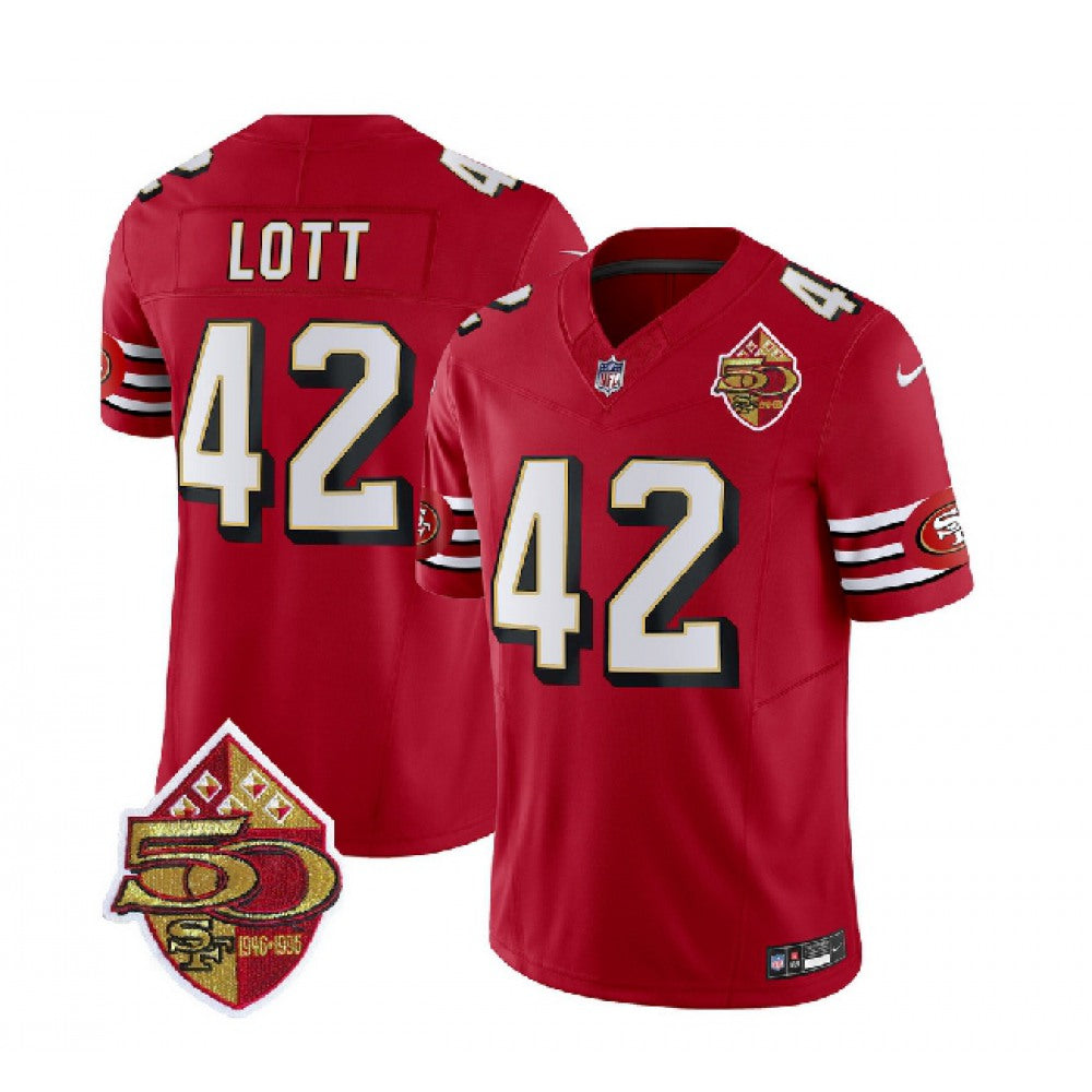 Men's San Francisco 49ers #42 Ronnie Lott Red 2023 F.U.S.E. 50th Patch Throwback Stitched Football Jersey 